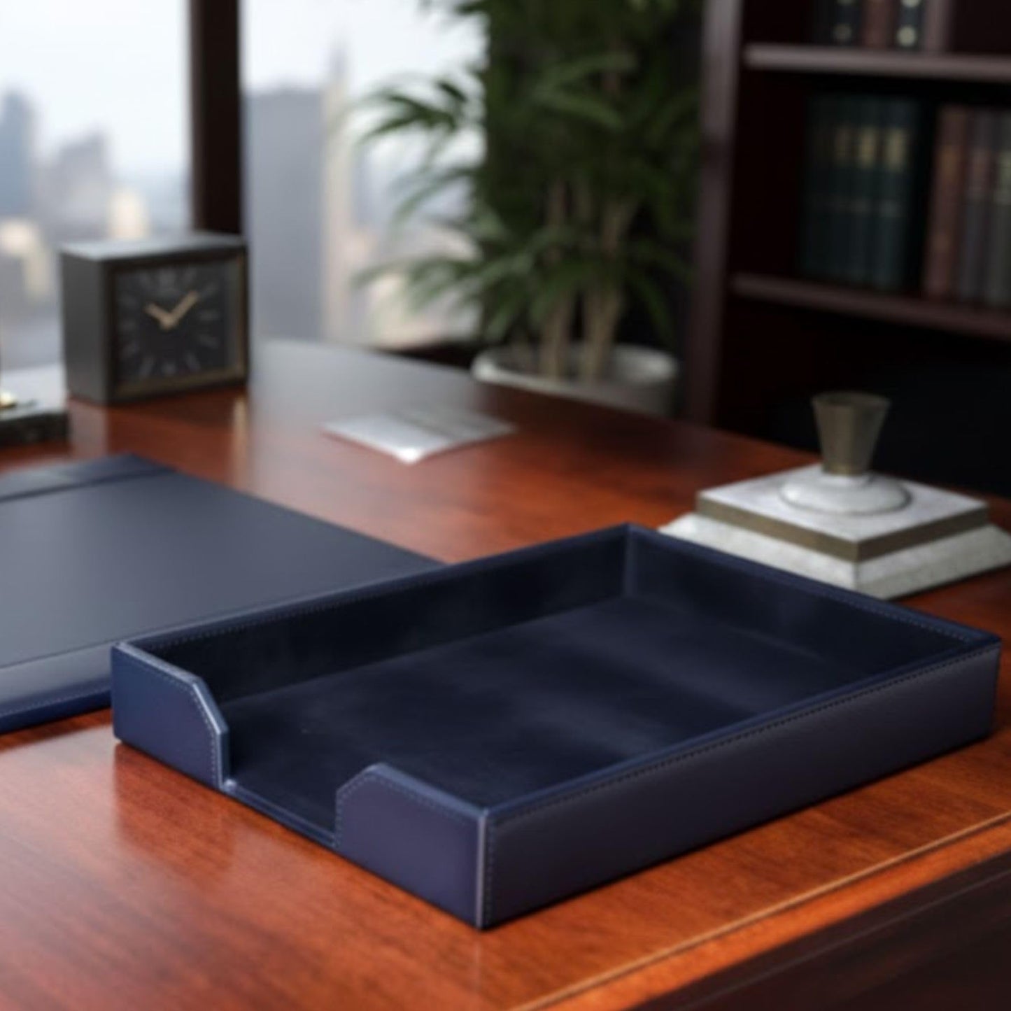 DACASSO Bonded Leather Desktop Letter Tray - Luxury Letter Holder & Paper Organizer for Desk - Office Organization & Executive Desk Decor - (Navy Blue) 13.5 x 10.5 x 2