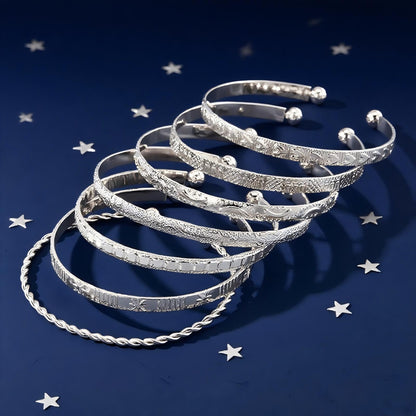 Bangle Bracelet for Women, 7 Pcs Silvery Plated Dainty Layered Chain, 14K Layer Stackable Cuff Bracelet Set (Silvery)