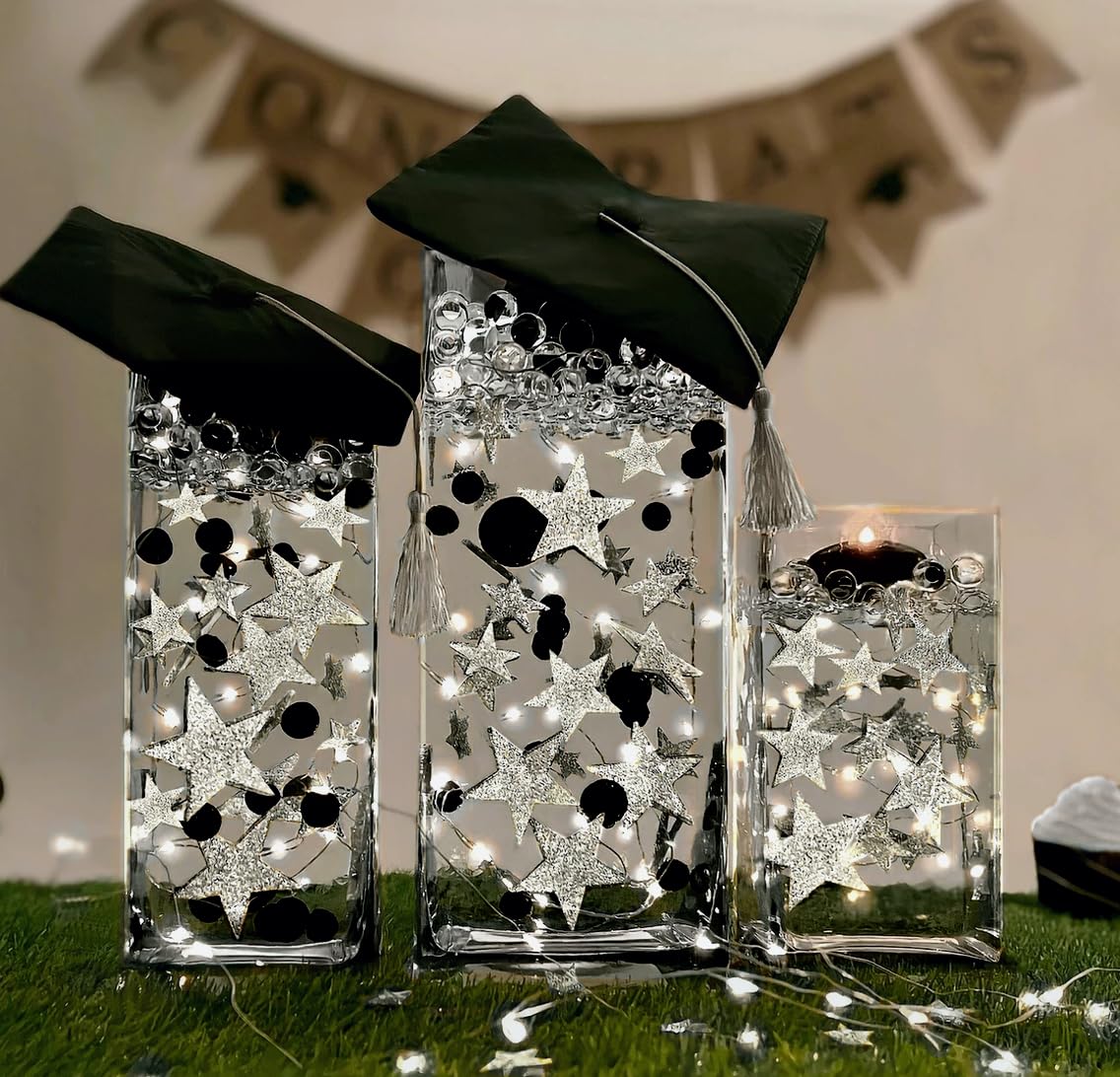 Vase Pearlfection 50 Floating Silver Stars-Glitter-Jumbo Sizes-Fills 1 Gallon of Transparent Gels for Floating Effect-with Measured Floating Gels Prep Bag for Best Results!