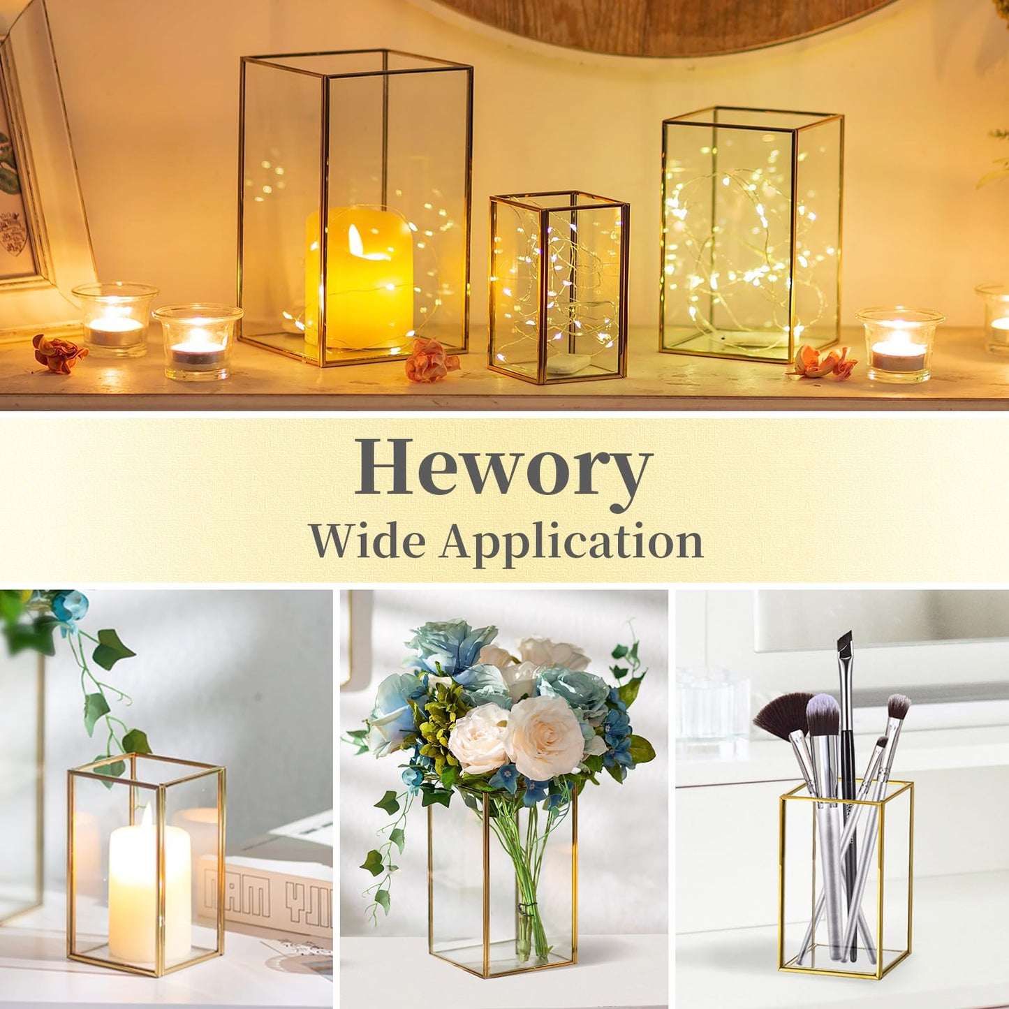 Hewory Glass Hurricane Candle Holder: Gold Hurricane Candle Holders with Metal Frame Square Set of 18, Clear Candle Holder for Table Centerpiece Wedding Christmas Engagement Birthday Party Decorations