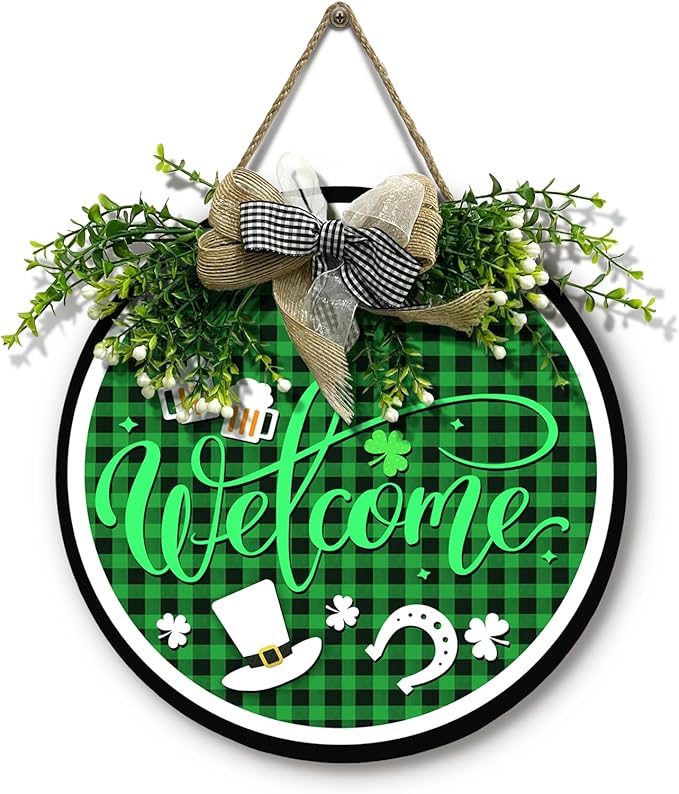 St. Patrick’s Day Door Sign for Front Porch Welcome Green Plaid Hanging Round Wood Wreaths With Bow Clover Hat Horseshoe Hanger Rustic Irish Spring Lucky Shamrock Door Signs Home Decor 12 Inch