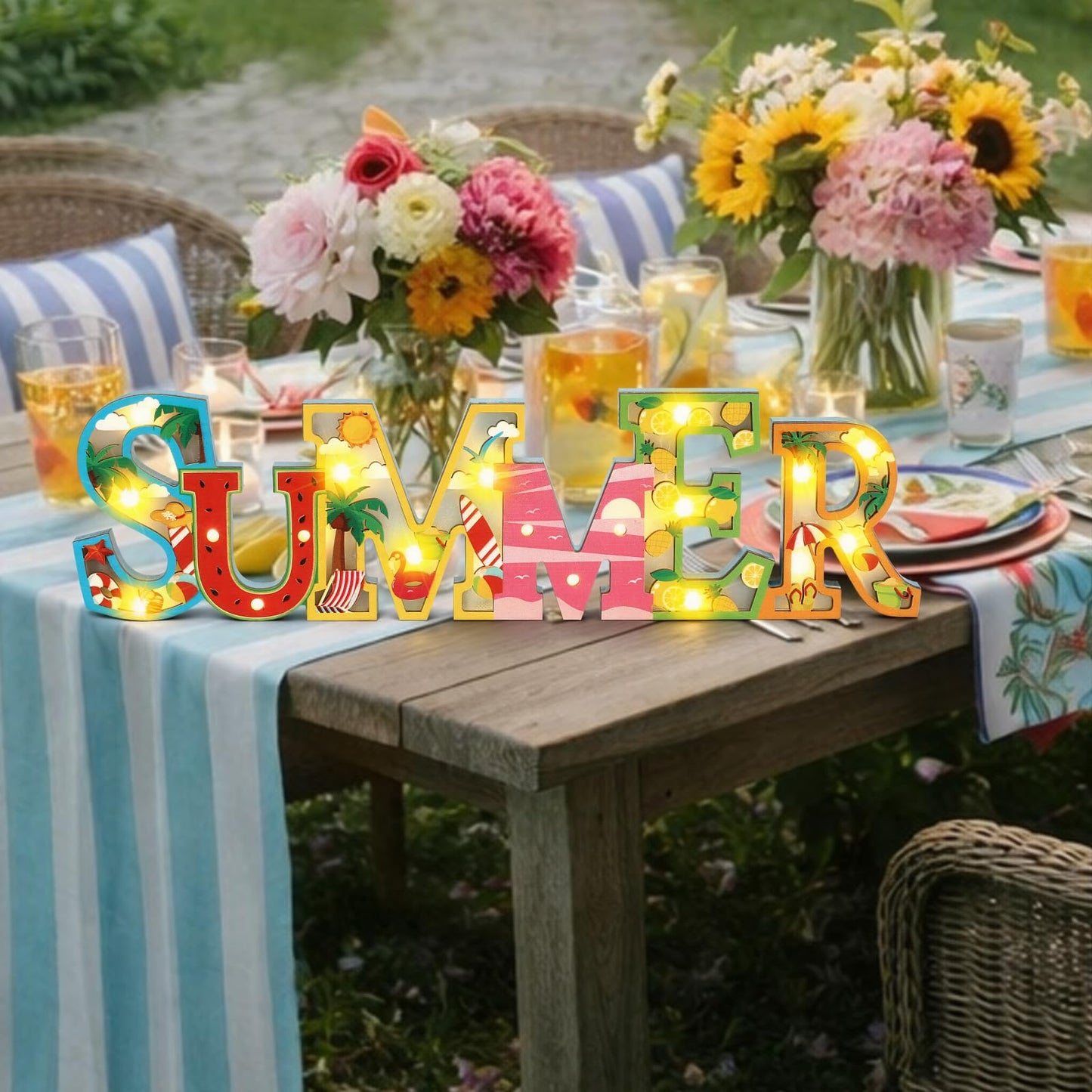 Geetery Summer LED Wooden Sign Watermelon Wooden Words Sign Tabletop Centerpiece Decor Beach Decorations for Summer Table Home Indoor Party