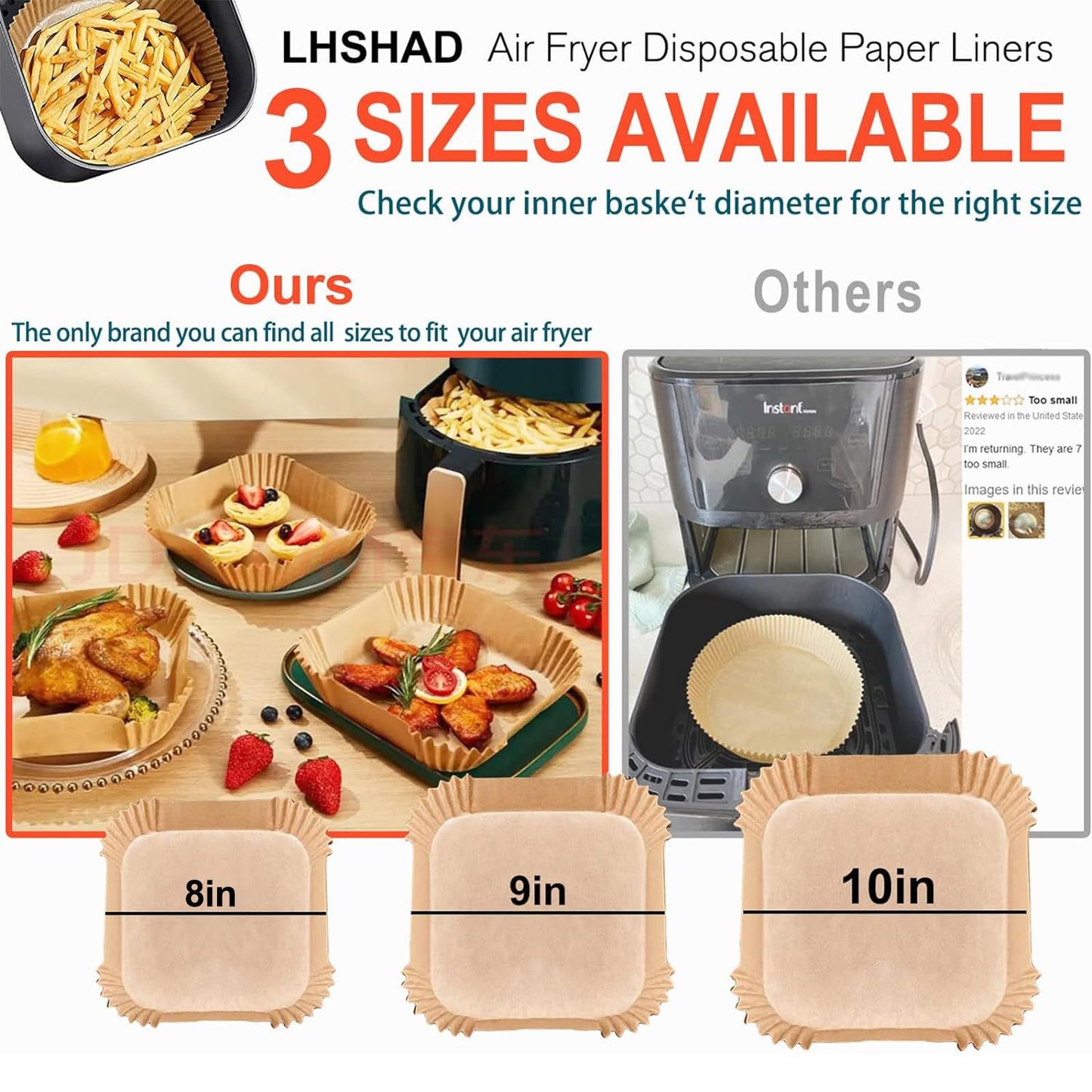 Air Fryer Liners Disposable 9 Inch, 9 inch Air Fryer Liners 125 Pcs Large Square Air Fryer Paper Liners for 5QT 6qt 8QT Air Fryer, Non-stick Parchment Paper for Frying, Baking