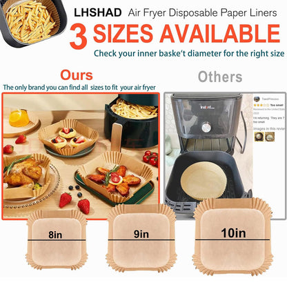 Air Fryer Liners Disposable 9 Inch, 9 inch Air Fryer Liners 125 Pcs Large Square Air Fryer Paper Liners for 5QT 6qt 8QT Air Fryer, Non-stick Parchment Paper for Frying, Baking