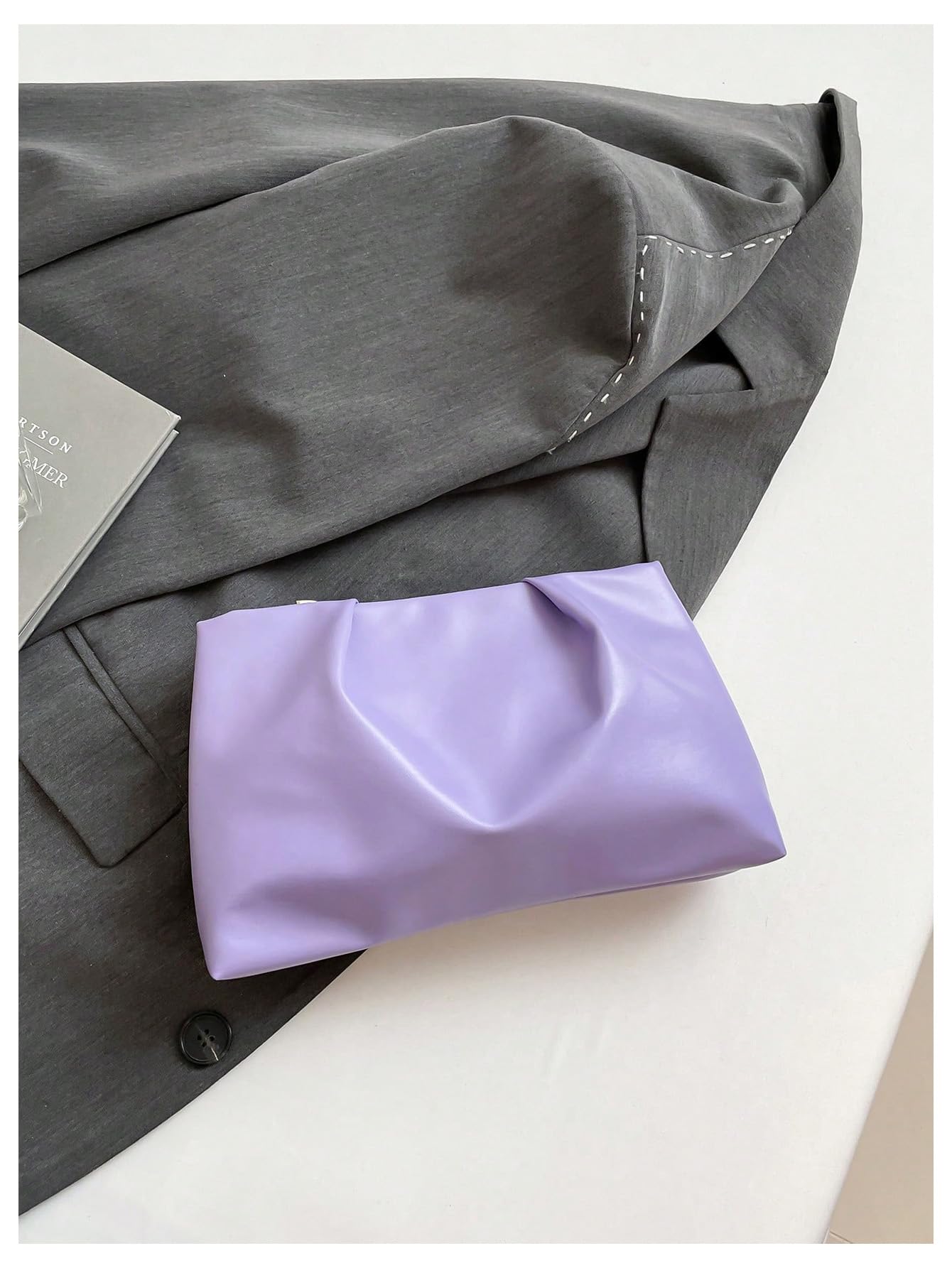 OYOANGLE Women's PU Leather Clutch Purses Small Zipper Ruched Minimalist Handbag Purple One Size