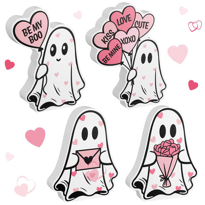 Novabright 4 Pcs Valentines Day Ghost Table Decorations Wooden Pink Heart Horror Valentines Decor Cute Ghost Boo Tiered Tray Decor Wood Centerpieces Signs Tabletop for Home Office Party Love Gifts