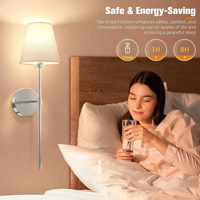 NIORSUN Battery Operated Wall Sconce Set of 2,Brushed Nickel Rechargeable Wall Lights with 5200mAh Dimmable Detachable Bulbs and Remote, 10 Colors Wireless Sconces for Bedroom Living Room Hallway