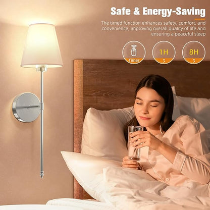 NIORSUN Battery Operated Wall Sconce Set of 2,Brushed Nickel Rechargeable Wall Lights with 5200mAh Dimmable Detachable Bulbs and Remote, 10 Colors Wireless Sconces for Bedroom Living Room Hallway