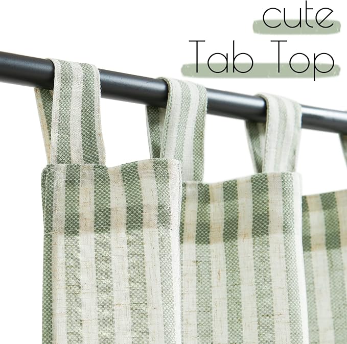 jinchan Tab Top Linen Kitchen Curtains 36 Inches Striped Tier Curtains Farmhouse Modern Cafe Style Small Window Treatments Airy Light Filtering Rod Pocket for Living Room Bathroom 2 Panels Sage Green