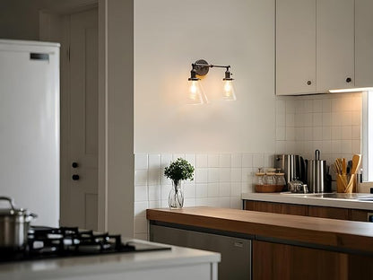 PERMO Double Sconce Vintage Industrial 2-Lights Sconce Antique Wall Sconces with Funnel Flared Glass Clear Glass Shade Vanity Light for Bathroom (Matte Black)