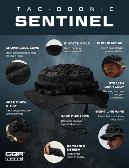 CQR Men's Tactical Boonie Hat, Breathable Packable Sun Hat for Hunting, Hiking, Fishing, Shooting, and Outdoor Activities, Sentinel Black, Small-Medium