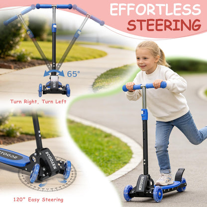 HOSKO Kick Scooter for Kids 2-7 Age， Light up 3 Wheels Kick Scooter, Heavy Duty Folding Lean-to-Steer Scooters with 3 Adjustable Handlebar for Boys Girls Blue