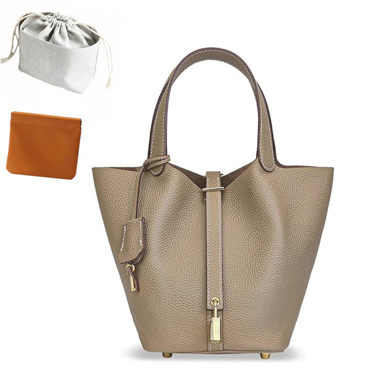 HRANRA Genuine Leather Lock Design Bucket Bag for Women, Vegetable Basket Fashionable Versatile Handbag (Grey)