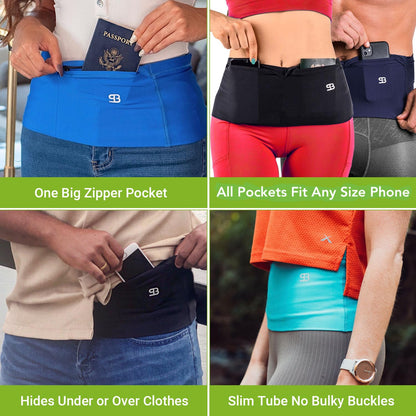 Unisex Travel Money Belt, Running Belt, Fanny and Waist Pack with Large Security Pockets and Zipper, Fits All Size Phones Passport and More
