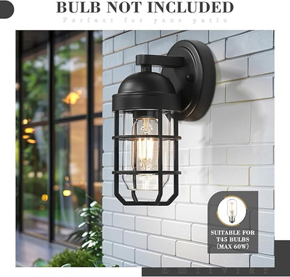 Emliviar Modern Outdoor Wall Light for House Porches, Solid Classic Metal Cage, Retro Charm Exterior Wall Light, Clear Tempered Glass, Black Finish, GE255B BK