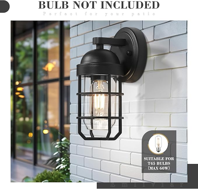 Emliviar Farmhouse Outdoor Wall Light, 2 Pack Wall Light Fixtures with Clear Tempered Glass, Black Finish, GE255B-2PK BK