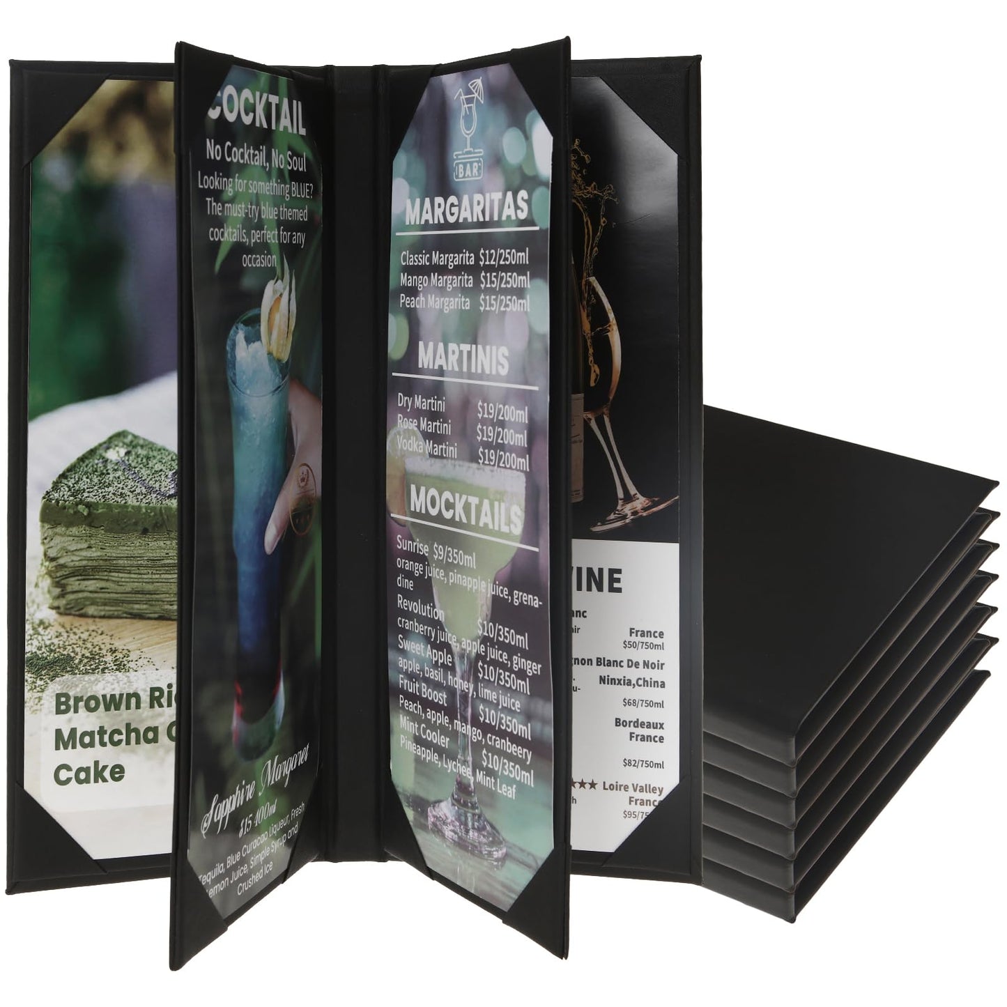 DUPDMKIN 6 Pack Menu Covers 4.25" x 11", 6 View PU Leather Menu Holders for Restaurant, Bar, Coffee Shops, Wine Lists & Drink Specials