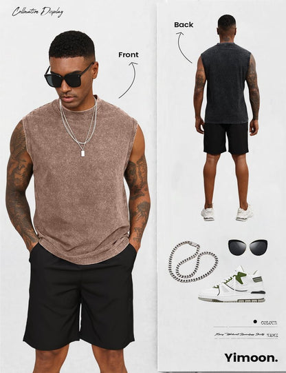 Yimoon Mens Tank Tops Workout Sleeveless Shirts Cotton Acid Wash Tees Loose Gym Muscle Shirts(BlackKhakiBeige-L)