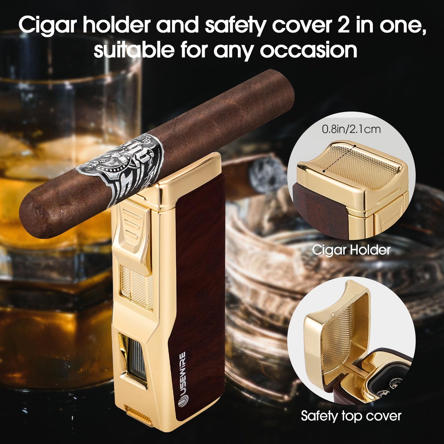 USEWIRE Cigar Lighter and Ashtray Set, Quad Windproof Jet Flame, with Cigar Holder and Cigar Punch, Refillable Butane Gas Lighter, Multifunctional Cigar Accessories Gift Set