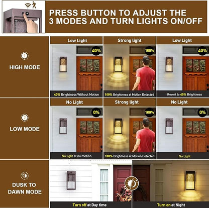 Oil Rubbed Bronze Solar Outdoor Wall Lights with 3 Modes Motion Sensor Crystal Exterior Sconces with 4000K 250LM LED Outside Coach Light for House Front Door Waterproof Dusk to Dawn Solar Porch Light
