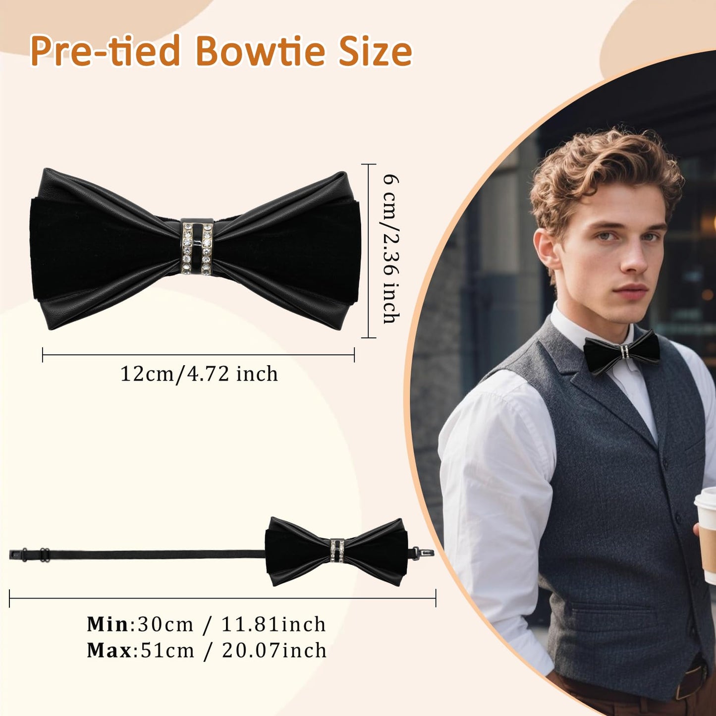 Rzmtaol PU Leather Bowties Men, Pre-tied Bow Ties for Men with Rhinestone Velvet Mens Bow Tie for Wedding Party Tuxedo Daily (Black)