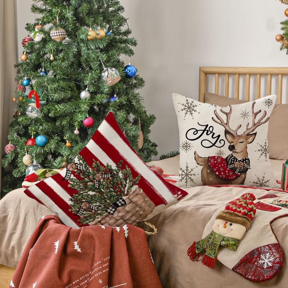 RABUSOFA Christmas Pillow Covers 18x18 Inch Set of 4 Indoor Outdoor Waterproof Snowman Reindeer Gloves Eucalyptus Winter Holiday Stripes Cushion Case Christmas Decoration for Couch Red