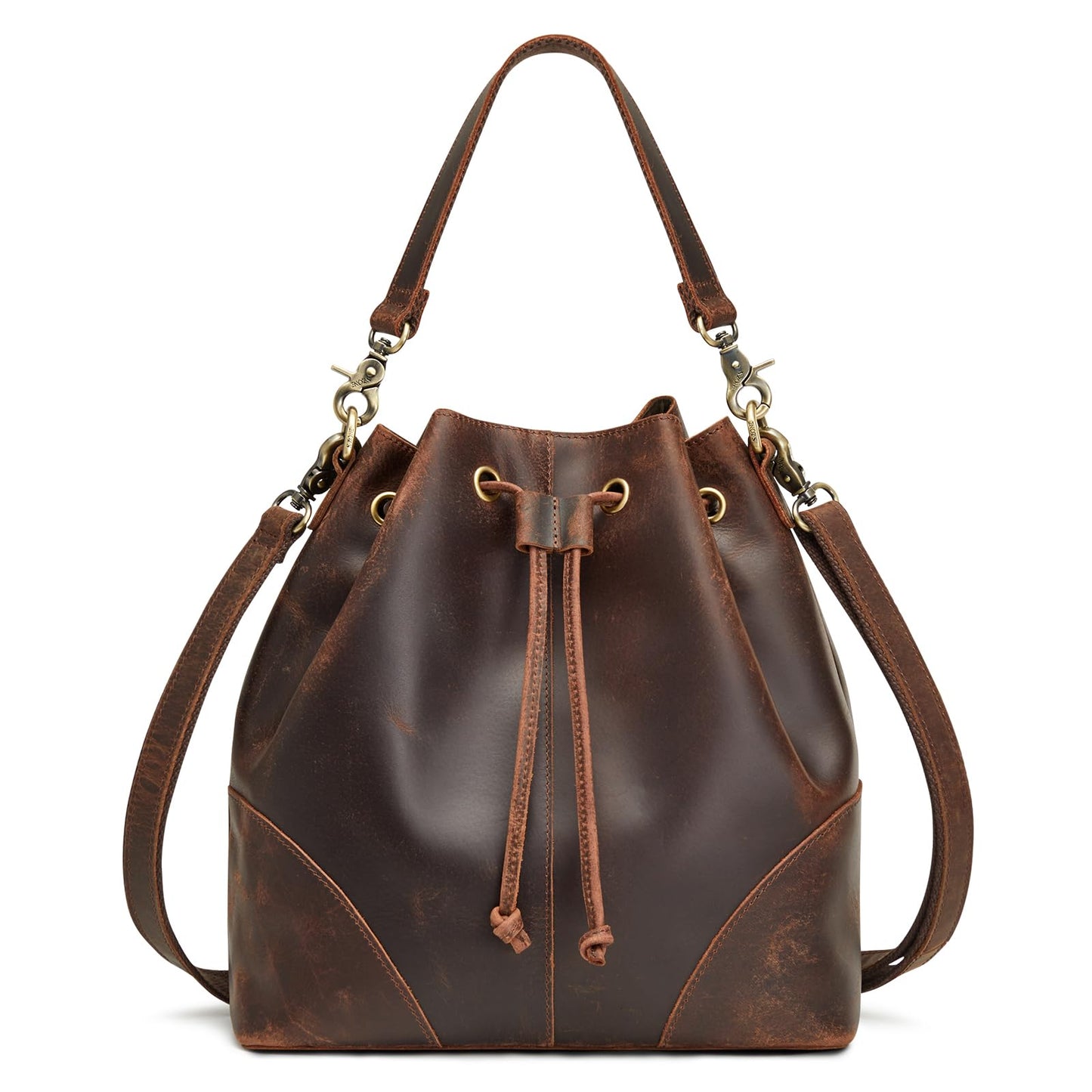 S-ZONE Genuine Leather Bucket Bags for Women Drawstring Crossbody Purses Shoulder Top Handle Handbags with 2 Straps