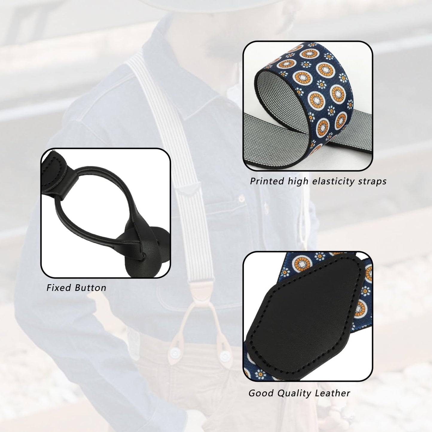 LEHOMU Men Button Suspenders Adjustable,1.4 Inch Wide Heavy Duty Y-Back Elastic Tuxedo Elastic Mens Suspenders with Leather Buttons End,Dark Blue and Golden Circle Pattern