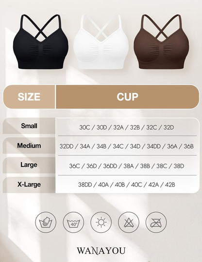 WANAYOU Bras for Women Bralettes for Women with Support Wireless Bras Compfortable No Underwire Push Up Padded Bra Seamless Soft Lift Everyday Bra V Neck Ajustable Straps T Shirt Bra 3 Pack