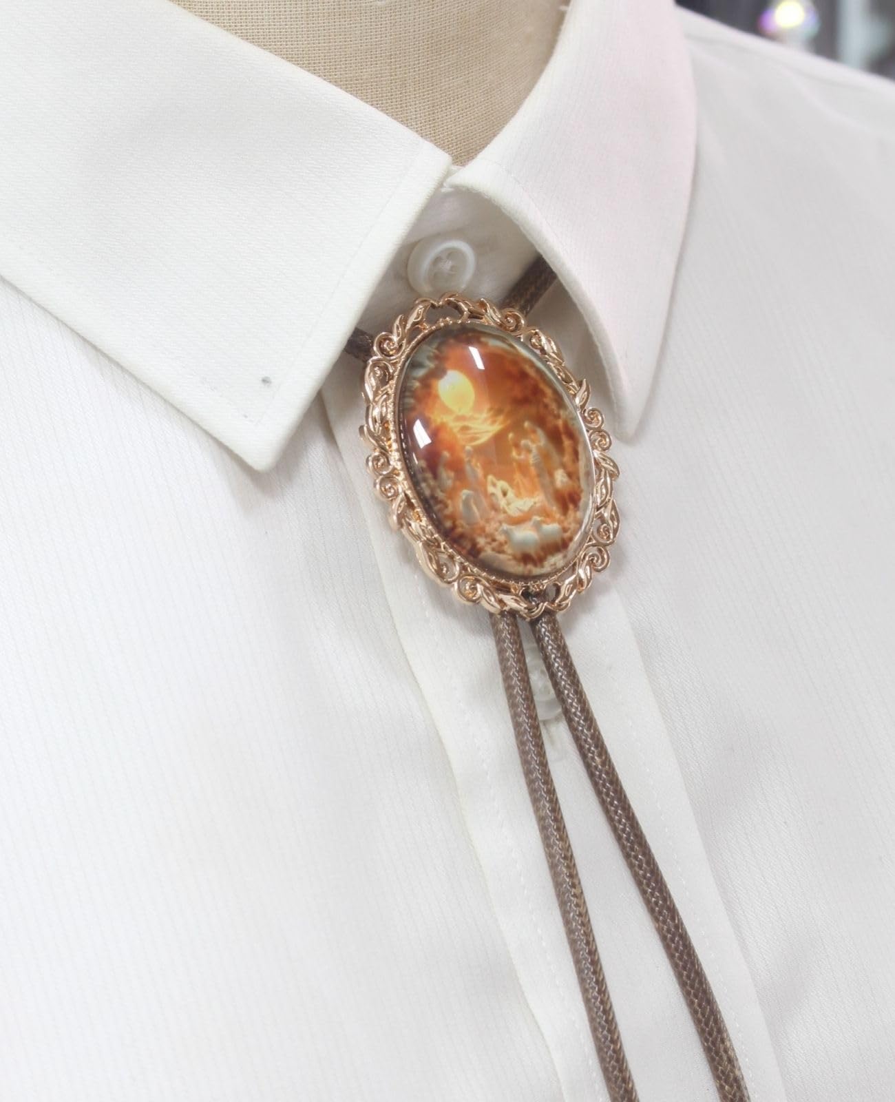 PEARLY JUN Bolo Tie for Women Men Flower Rose Western Cowboy Brown Leather Country Style String Vest Gifts (Gold - Saintly Baptism)
