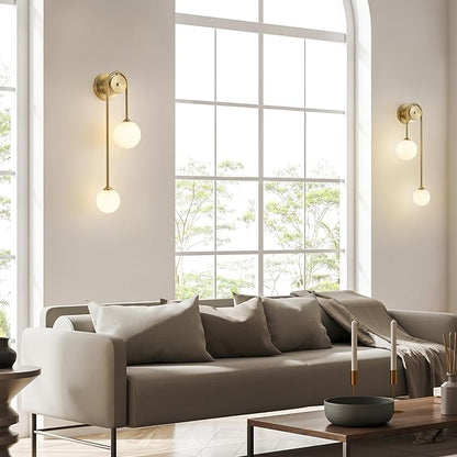 Golden Wall lamp Double Ball, mid-Century Modern Glass Wall sconces,with G9 Tricolor Bulb for Living Room Bedroom Bedside Stairs Restaurant Bathroom Corridor Aisle Lighting