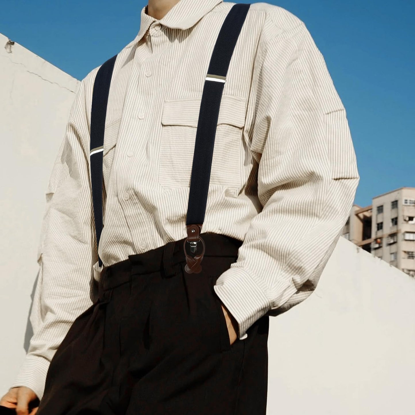LEHOMU Men Suspenders Adjustable,1.4 Inch Wide Heavy Duty Y-Back Elastic Tuxedo Elastic Mens Suspenders with Leather Buttons and 3 Metal Clips,Dark Blue