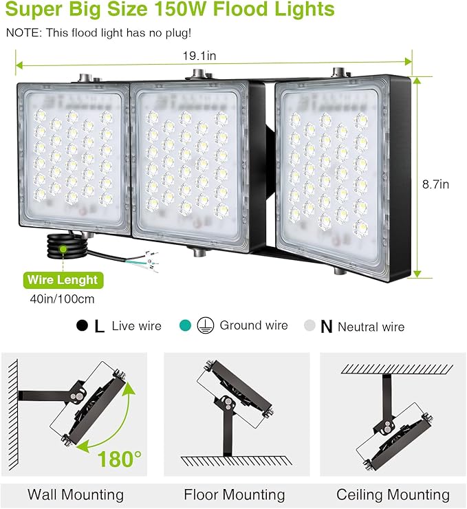 STASUN LED Flood Light Outdoor, 150W 13500lm Outdoor Lighting, 6000K Daylight White, IP66 Waterproof Outside Floodlight Exterior Security Light with 3 Adjustable Heads for Yard, Street, Parking Lot