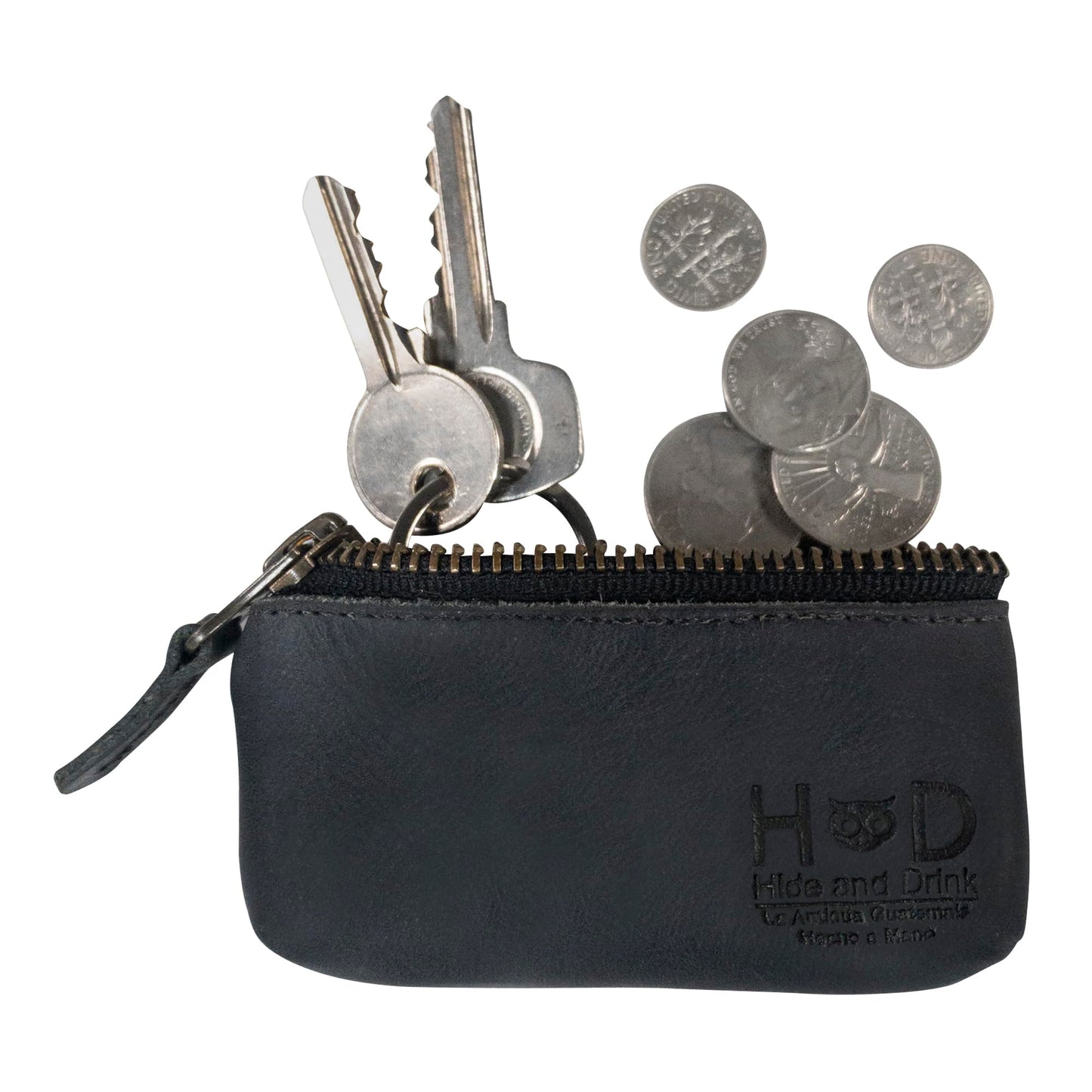 Hide & Drink, Leather Key Holder Pouch, Zippered Coin Bag, Money Purse, Earphone Holder, Charging Cable, Memory Cards Organizer, Vintage Style, Handmade (Charcoal Black)