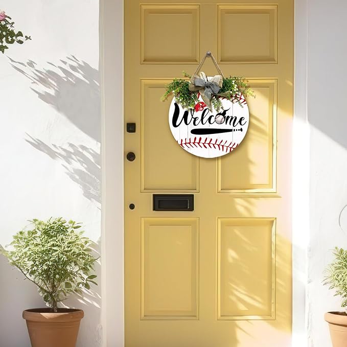 Baseball Door Sign Welcome to the Baseball Game Hanging Sign With Wreath And Bow Baseball Bat Ballfield Round Wooden Front Door Sign for All The Seasons Sport Farmhouse Decor 12x12 Inch