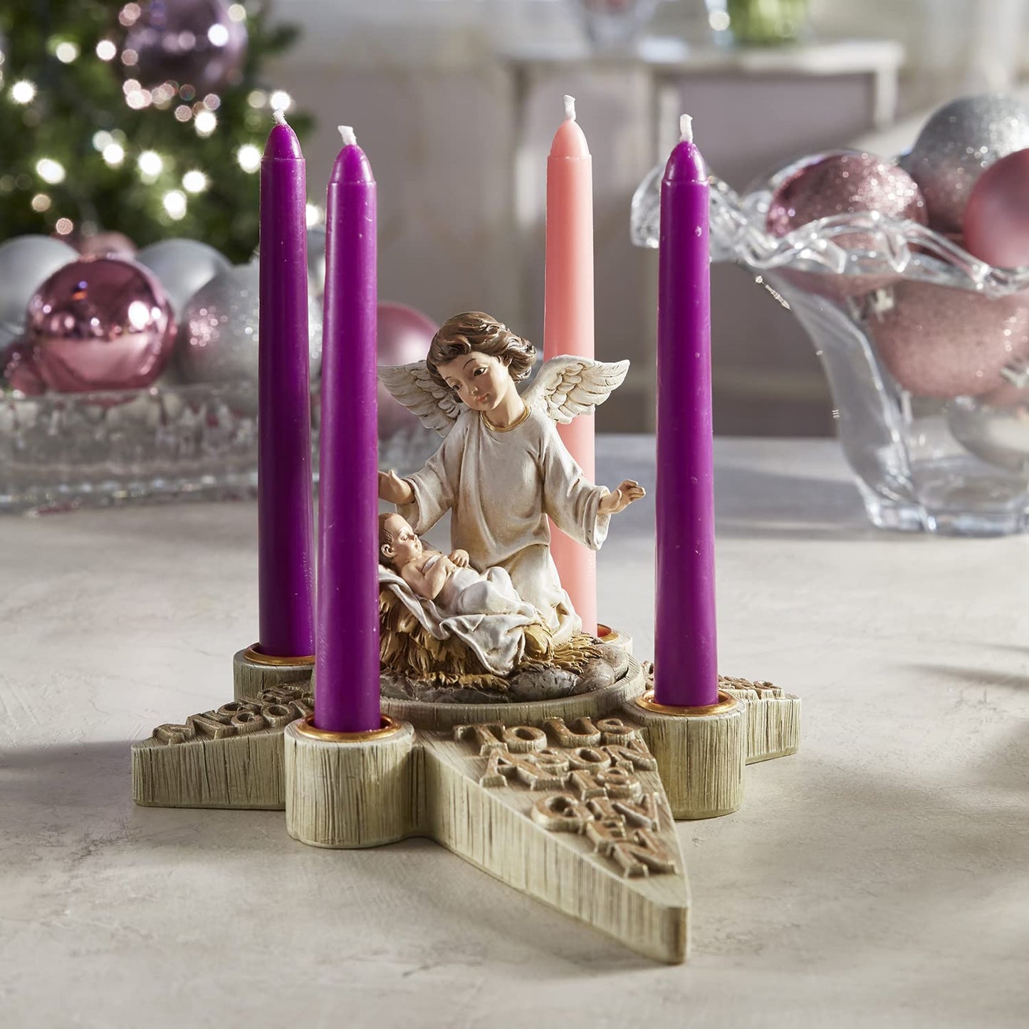 Avalon Gallery Sculpted Resin Advent/Christmas Candle Holder, 7.25" x 9.75", Angel Nativity Wreath