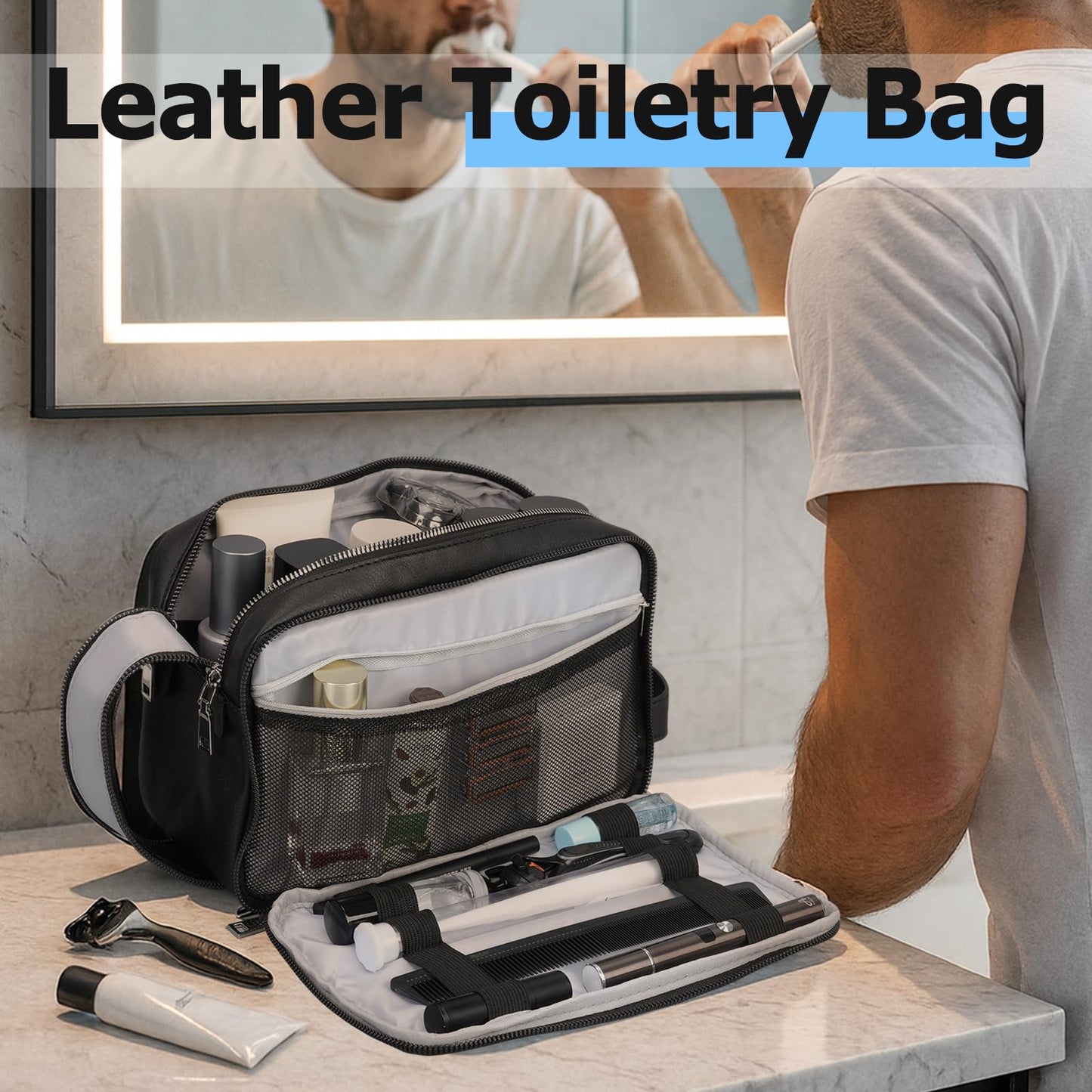 MIRASON Travel Toiletry Bag for Men Thickened Leather Travel Bag for Toiletries, Dopp Kit Water-resistant Shower Bag for Shaving Gym Bathroom Organizer Gifts for Men, Black