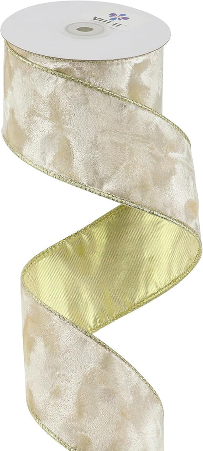 MEEDEE Ivory Velvet Ribbon with Gold Back 2.5 inch 10 Yards Double Sided Christmas Wired Ribbon for Christmas Tree Decoration, Baskets, Wreaths, Holiday Projects, Wedding Decor and Accents
