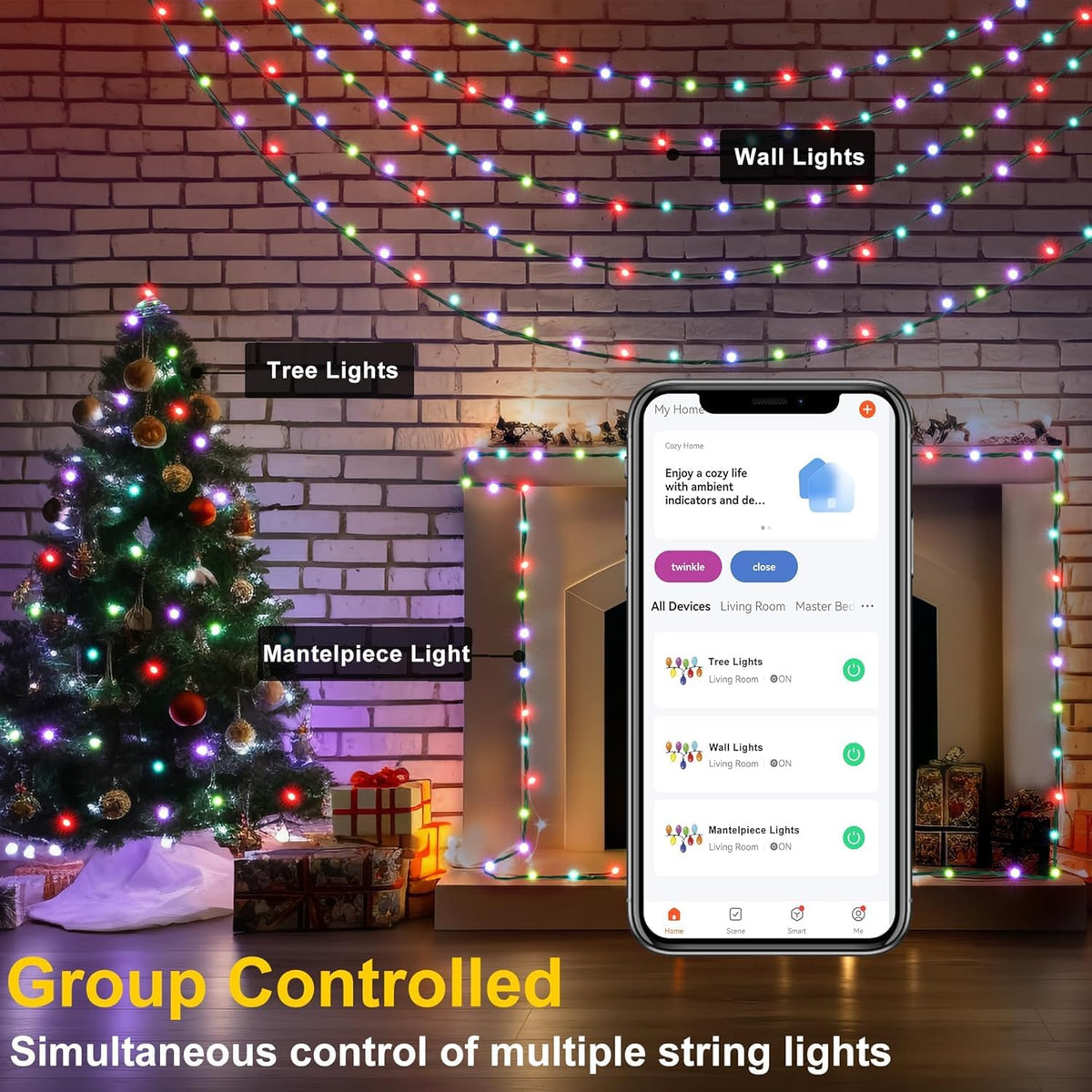 PMS Smart WiFi LED Christmas Lights, APP-Controlled RGB Fairy String Lights, Ideal for Xmas Tree, Garden, Home, Party, Halloween Festival Deco (99ft-300LED)