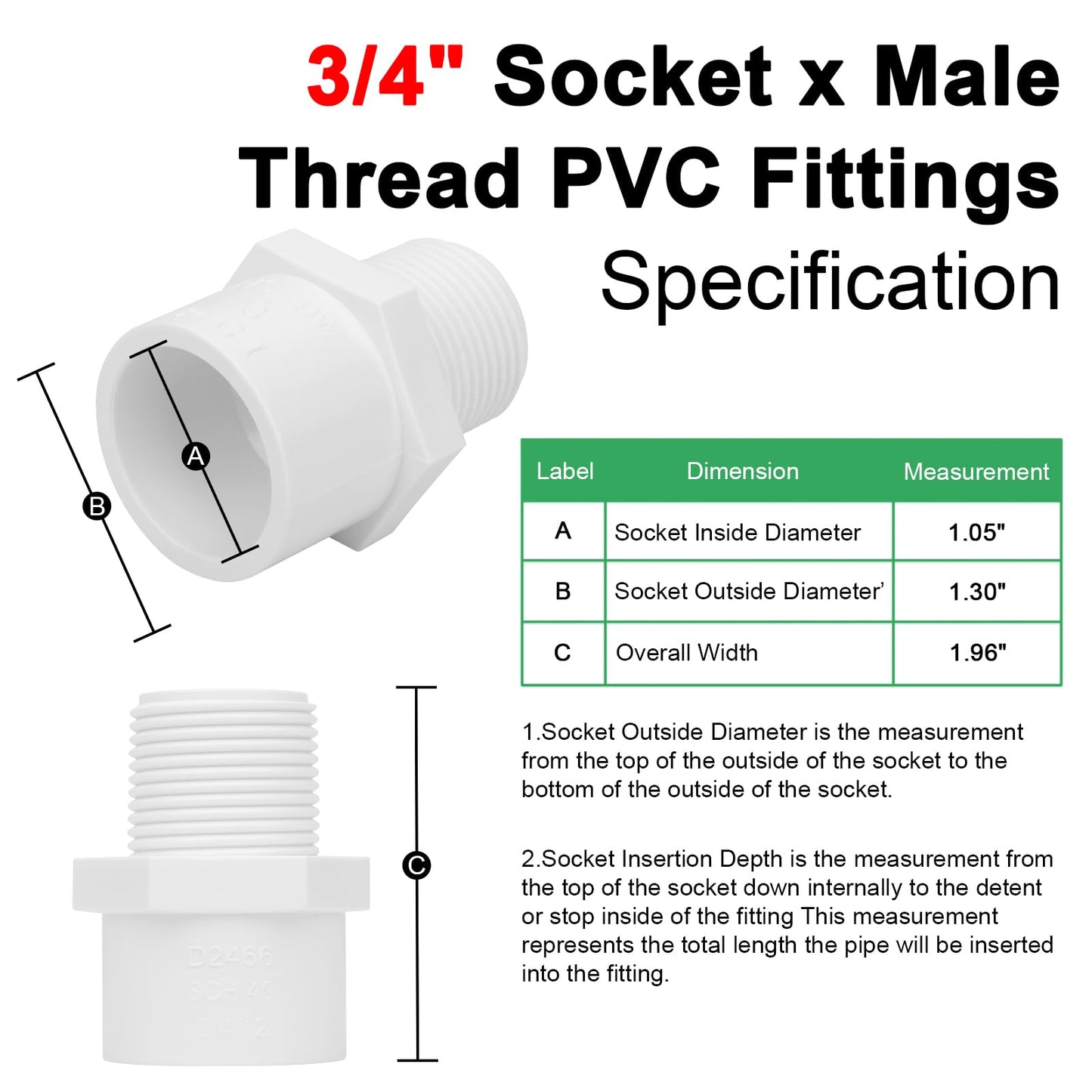 Lswteiz 10Pack 3/4" PVC Male Adapter Pipe Fittings (Socket x Male Pipe Thread) Furniture Grade SCH40 2-Way 3/4" PVC Coupling Pipe Connectors for Plumbing Water Line