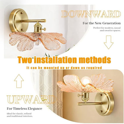 Gold Bathroom Vanity Lights Over Mirror Vintage Wall Sconces Light Wall lamp with Amber Glass Flower Shade mid Century Modern Vanity Light Bathroom Wall Sconces for Bedroom Hallway Living Room