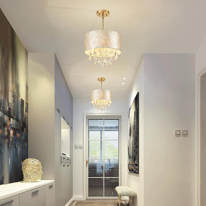 3-Lights Drum Capiz Shell Crystal Chandelier, Coastal Style Pendant Light Fixture for Dining Room, Living Room, D12 x H19~49"(Adjustable), Shell Lampshade & Gold Finish
