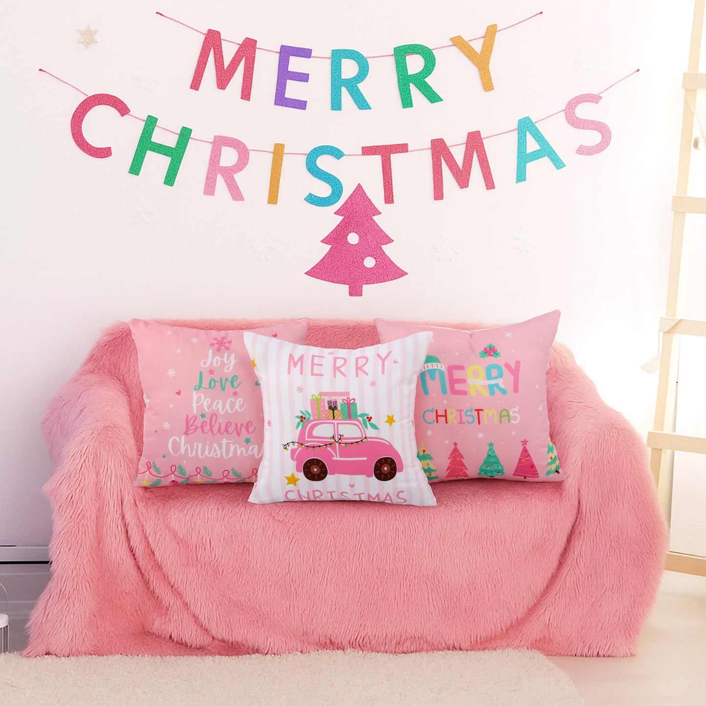 HunnmingRe 6 Pcs Pastel Christmas Throw Pillow Covers 18 x 18 Inch Pink Nutcracker Xmas Trees Truck Pillow Case Soft Candyland Cushion Case Pastel Pink Christmas Decor for Home Couch Sofa Bed Chair