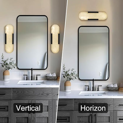 13.8 inch Black Alabaster Wall Sconces Set of 2, Natural Marble Wall Lighting, Bedside Wall Lamp, Indoor Vanity Light Fixtures for Hallway, Bathroom Living Room (Including LED)