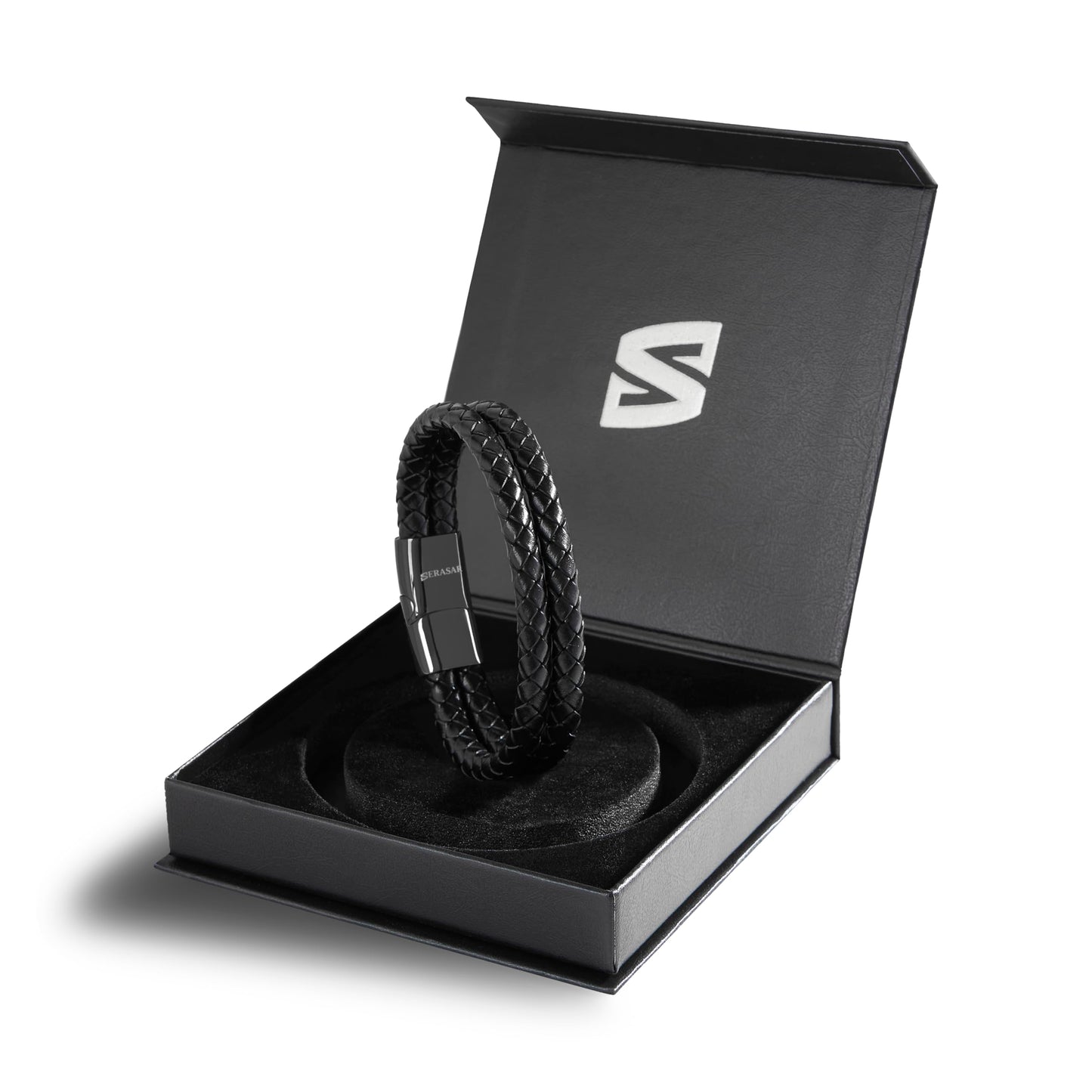 SERASAR 9″ Black Leather Bracelets for Men Mens Cowhide Gift Box Braided Bracelet Stainless Steel Jewelry Wrist Band Cuff Wrap Rope Bangle Dad Man Pulseras para Hombres Cuero Regalo