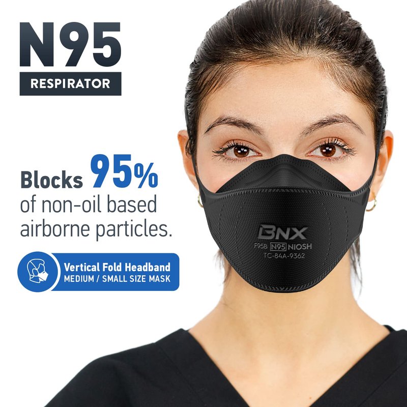 BNX N95 Mask Black NIOSH Certified MADE IN USA Particulate Respirator Protective Face Mask, Tri-Fold Cup/Fish Style, (10-Pack, Approval Number TC-84A-9362 / Model F95B) (Headband) Black
