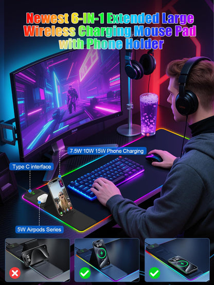 Mouse Pad with Wireless Charging, Large Desk Mat RGB Gaming Mousepad, 10 Light Colors LED Gaming Pad Keyboard Pad with Ultra-Smooth Surface & Non-Slip Rubber Base, Waterproof Full Desk Mouse Pad