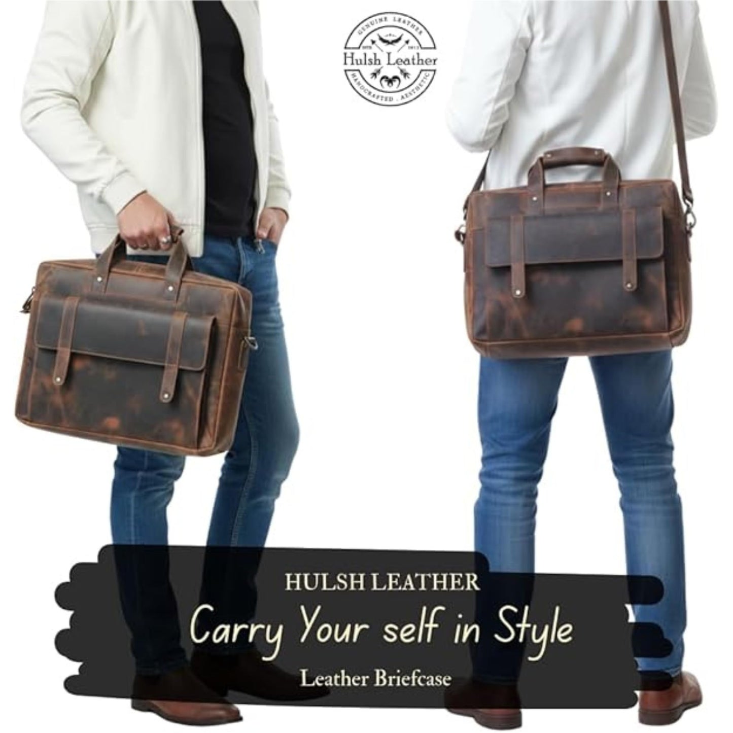 HULSH Genuine Leather briefcases for men 17 inches computer bag for mens | Laptop bag, Work bag, Business and Office Bag (Brown)