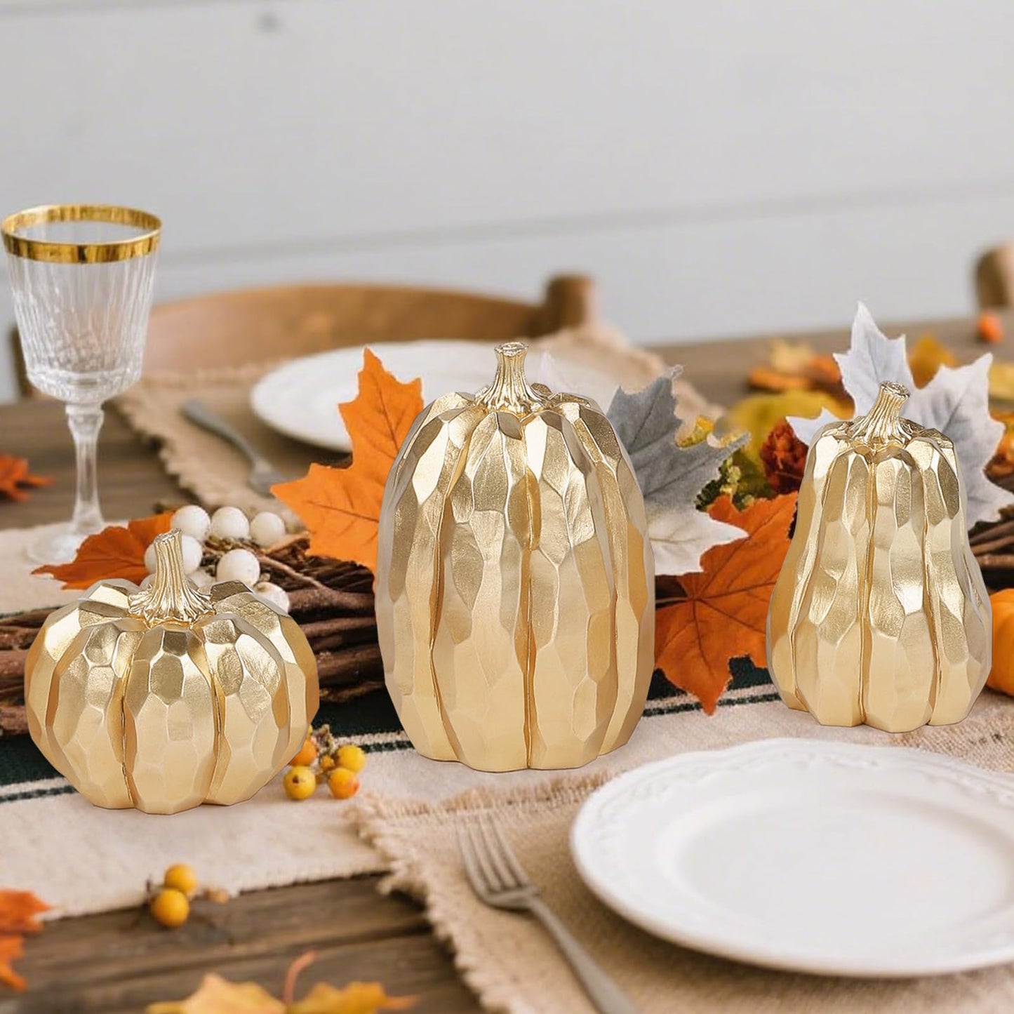 DETENE 3 Pack Thanksgiving Gold Pumpkins, Pumpkin Fall Decoration - Elegant Autumn Harvest Decor for Fall, Thanksgiving & Halloween, Perfect for Home, Table, Fireplace Mantel, Office & Kitchen