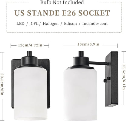 3-Pack Modern Wall Sconces, Indoor Bath Vanity Light Fixture Bathroom for Living Room, Porch, Bedside, Farmhouse Black Finish with White Frosted Glass Shades Wall Mounted Lights